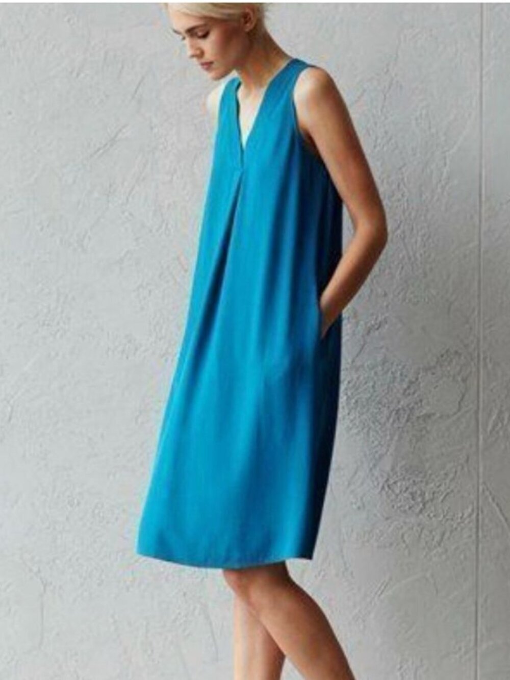 Eileen Fisher Silk Georgette Crepe Pleated Dress Teal Small Pockets Knee Length